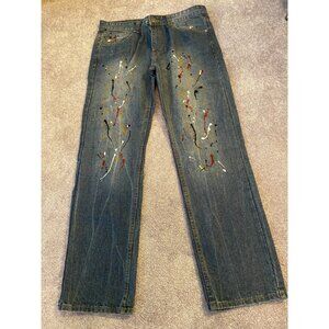 Enyce Mens Distressed Denim Jeans With Paint Splatter Design 34/32